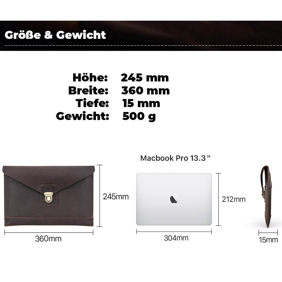 PREMIUM-Echtleder Laptophülle, passend für MacBook Air / Pro 13´, Handarbeit, Schutzhülle, weich und natürlich