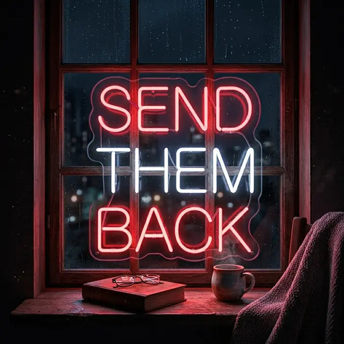 A classic London scene featuring a red telephone box, a black taxi, and a cobblestone street, framed by a contrasting red and white neon sign reading "SEND THEM BACK" in the window