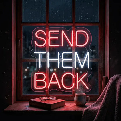 A classic London scene featuring a red telephone box, a black taxi, and a cobblestone street, framed by a contrasting red and white neon sign reading "SEND THEM BACK" in the window