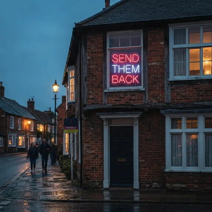 Nighttime London street scene with a neon sign reading "SEND THEM BACK," a red telephone box, and a black cab