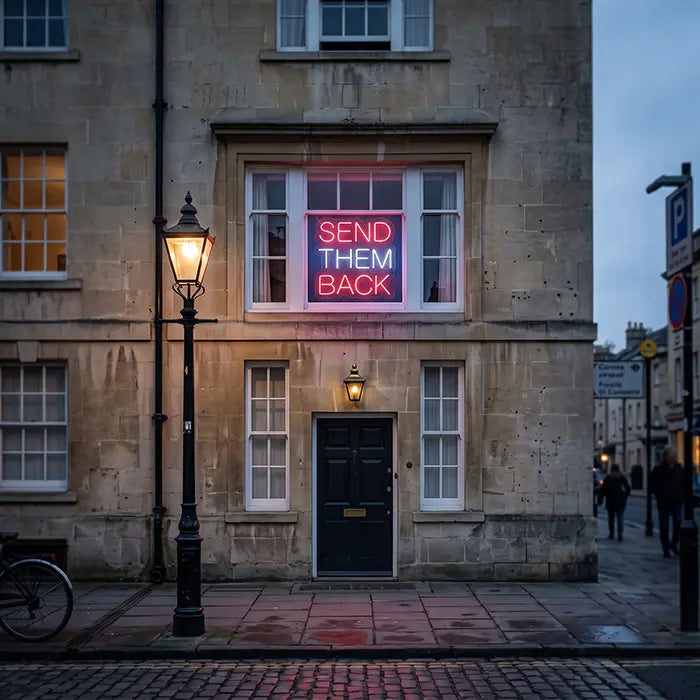 A night street scene in London with a warm yet serious atmosphere. A glowing neon sign displaying "SEND THEM BACK" stands out against the dark brick facade and wet cobblestone street