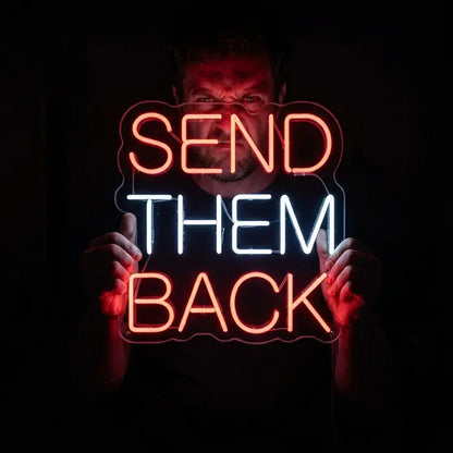 An urban London street scene at night featuring an illuminated neon sign with the message "SEND THEM BACK" displayed in a window alongside traditional British icons (telephone booth, black cab), creating a stark political contrast