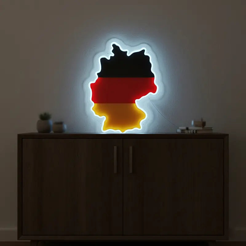Neon-Design in Form der deutschen Flagge auf der Landkarte.