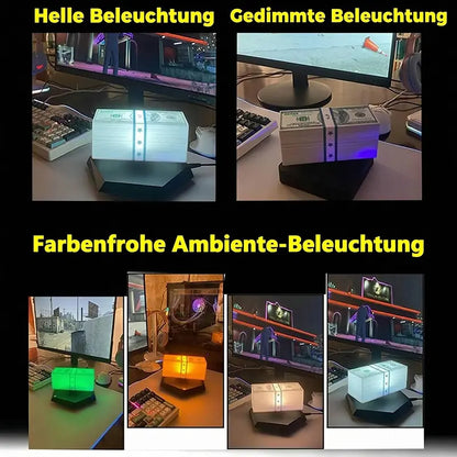Magnetische Schwebe-Lampe im Dollar-Design mit glänzendem schwarzen Gehäuse.