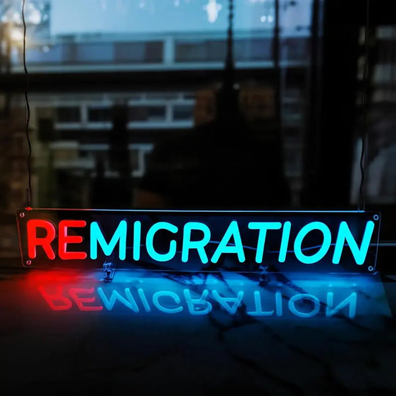 Custom Neon Sign REMIGRATION auf transparenter Acrylplatte, das sich in der glänzenden Oberfläche spiegelt.
