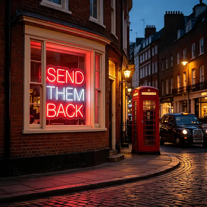 A neon sign reading "SEND THEM BACK" in red and white glows at night inside a window in London. A red telephone booth and a black cab are visible on the cobblestone street next to it