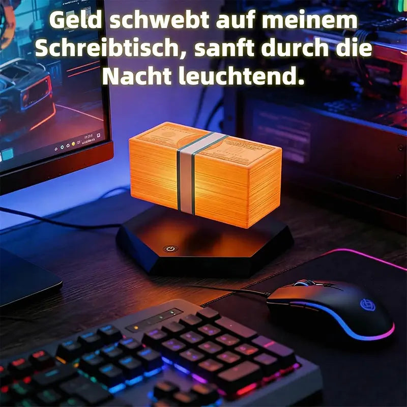 GTA-Style LED-Lampe: Ein magnetisch schwebendes Bündel Geldscheine über einer modernen Basis.