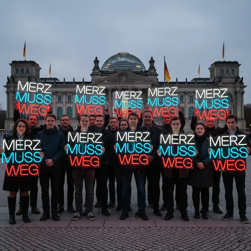 Individuelles Neon-Lichtzeichen mit dem deutschen Slogan "MERZ MUSS WEG" in hellen, kontrastierenden Farben auf dunklem Hintergrund.