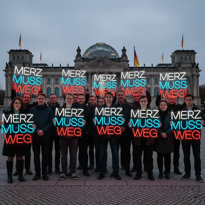 Individuelles Neon-Lichtzeichen mit dem deutschen Slogan "MERZ MUSS WEG" in hellen, kontrastierenden Farben auf dunklem Hintergrund.