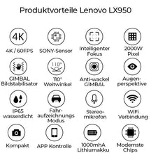 Laden Sie das Bild in den Galerie-Viewer, 4K Kopfkamera LENOVO LX950 mit 110° Weitwinkelobjektiv &amp; 128GB Micro SD Speicherkarte
